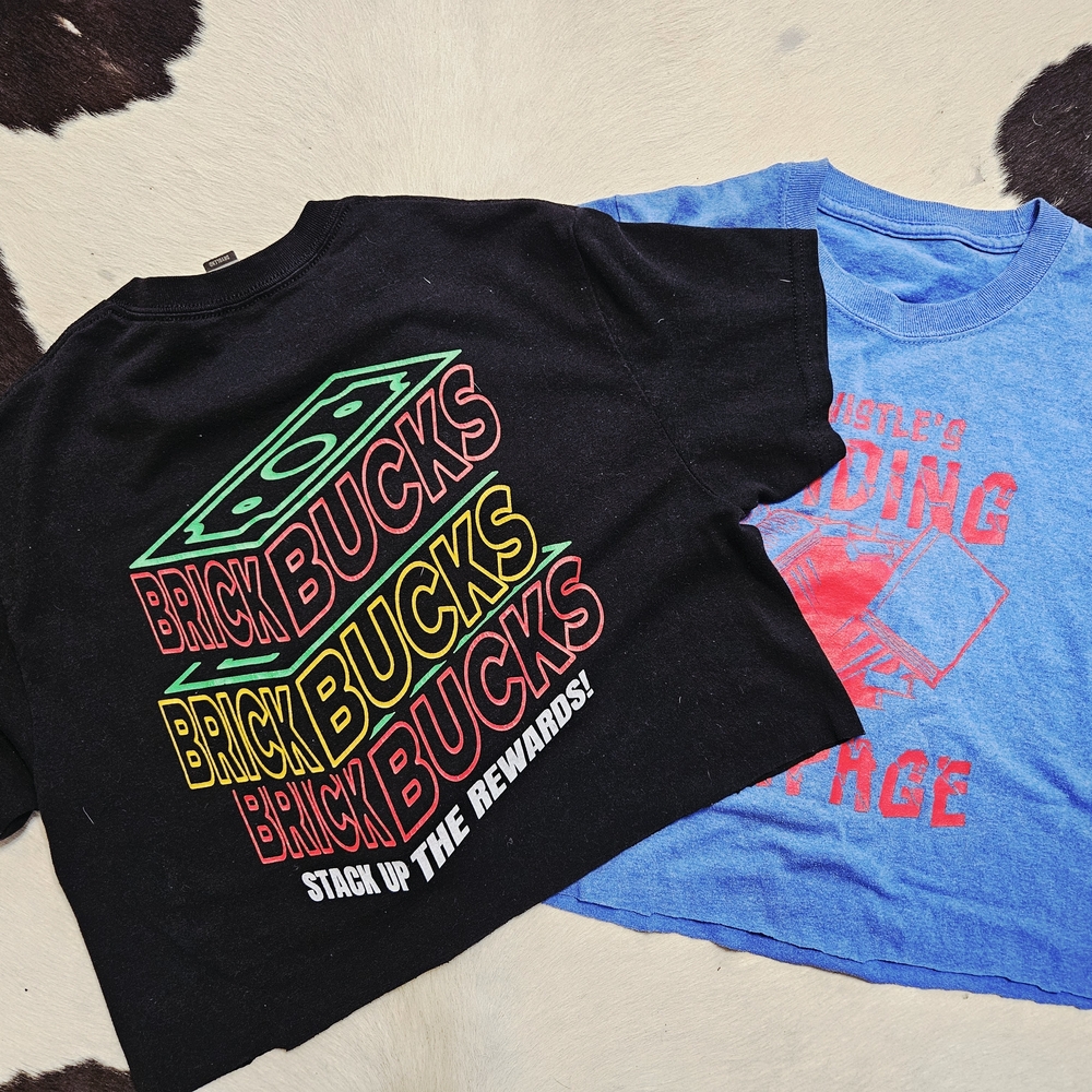 Vintage Y2k SET OF 2 - Brick Bucks And Reading Graphic CROPPED Tees- Raw Hem S